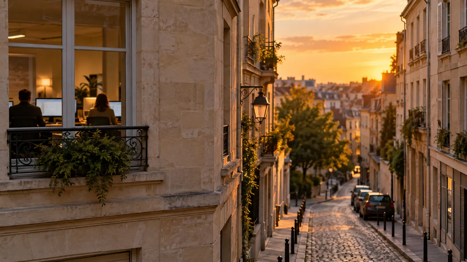 Rue en pierre blonde au coucher du soleil avec bureau éclairé