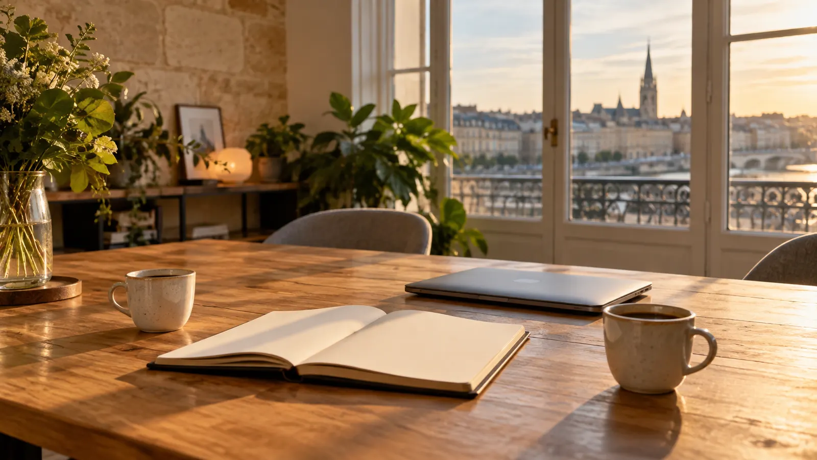 Table de réunion avec cafés, carnet vierge et ordinateur fermé