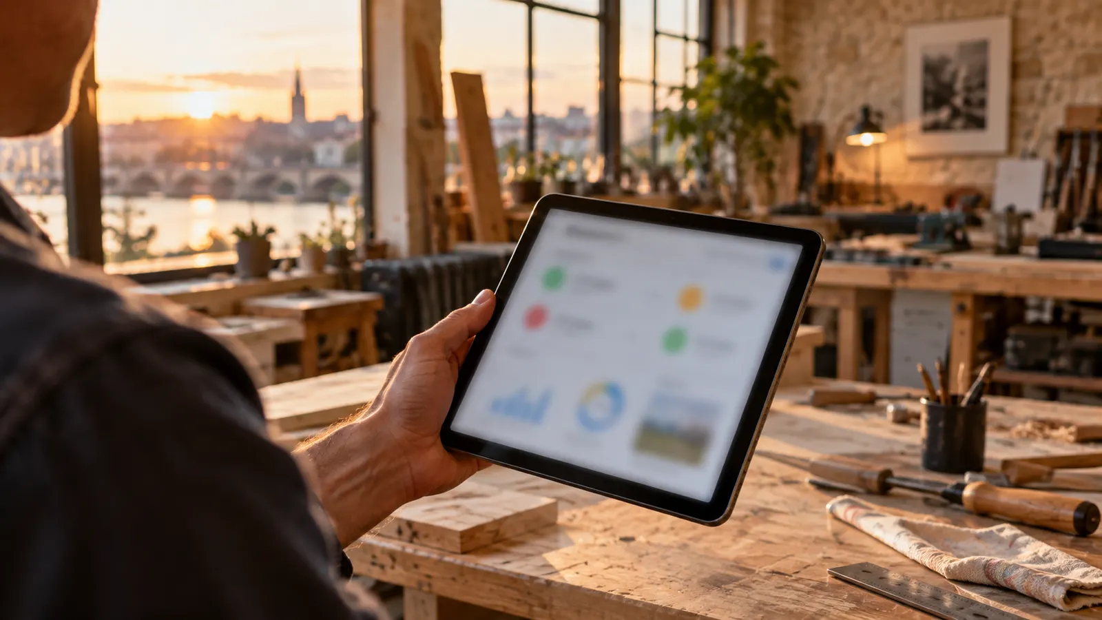Main tenant une tablette dans un atelier lumineux avec établi