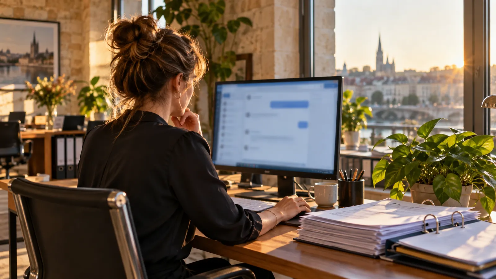 Responsable administrative consultant un écran près de contrats et d’un classeur