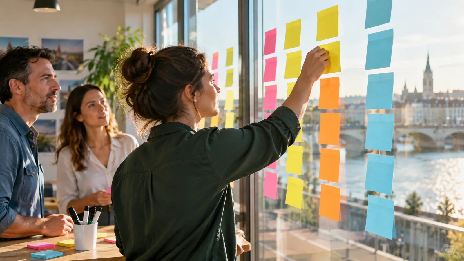Main posant un post-it sur un mur vitré coloré
