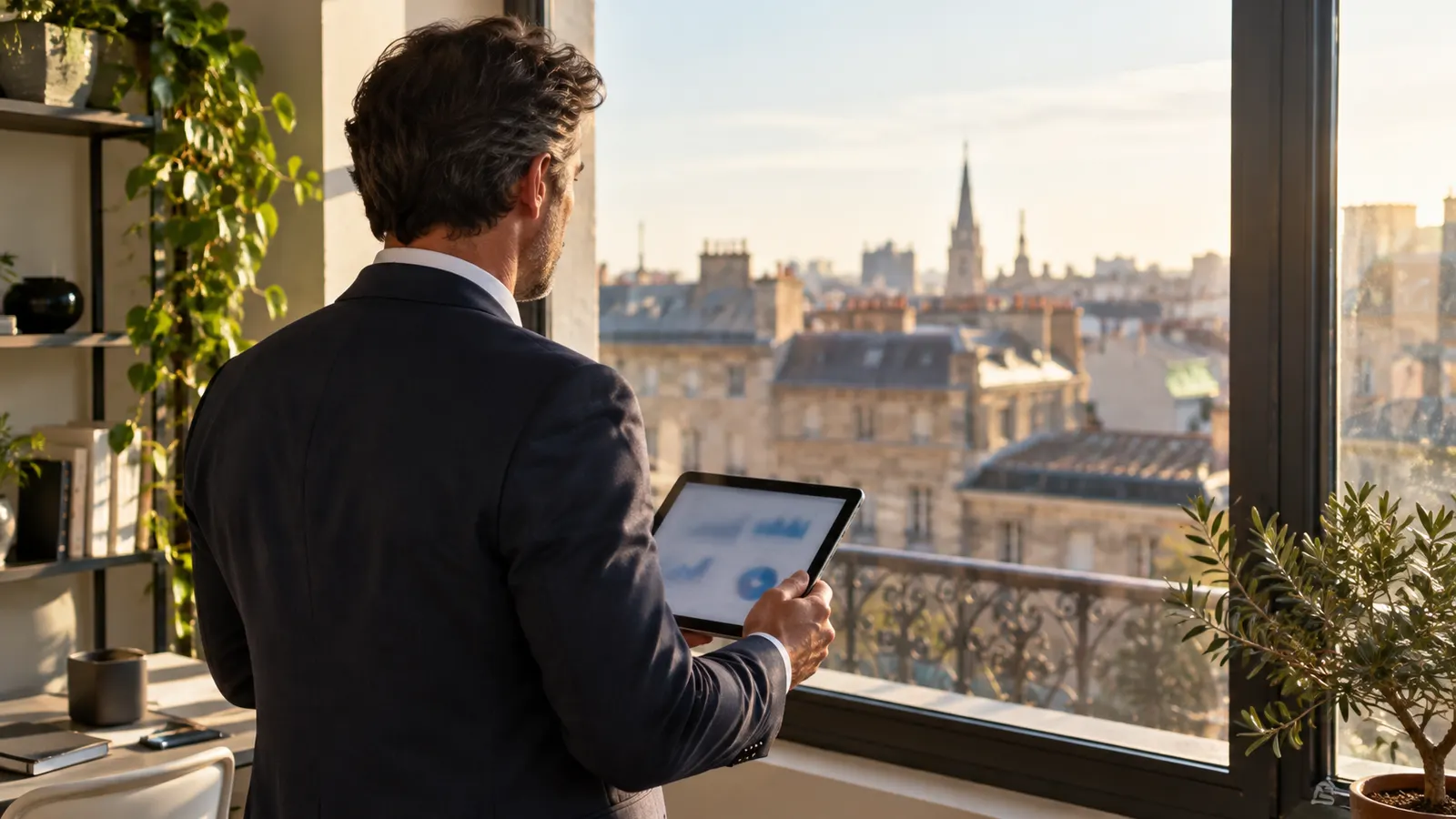 Dirigeant près d’une fenêtre consultant une tablette aux graphiques flous