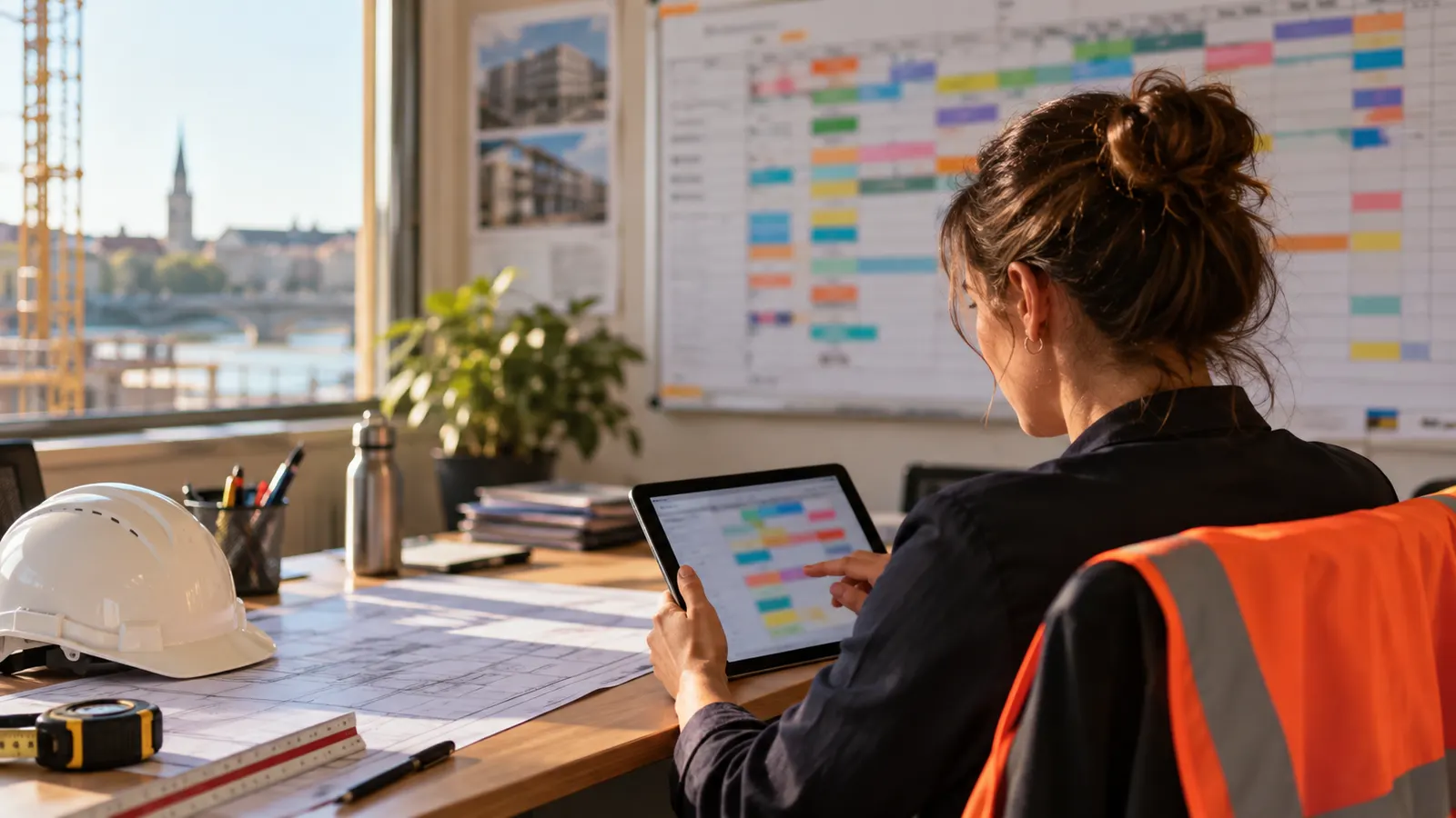 Coordinatrice avec tablette dans un bureau de chantier organisé