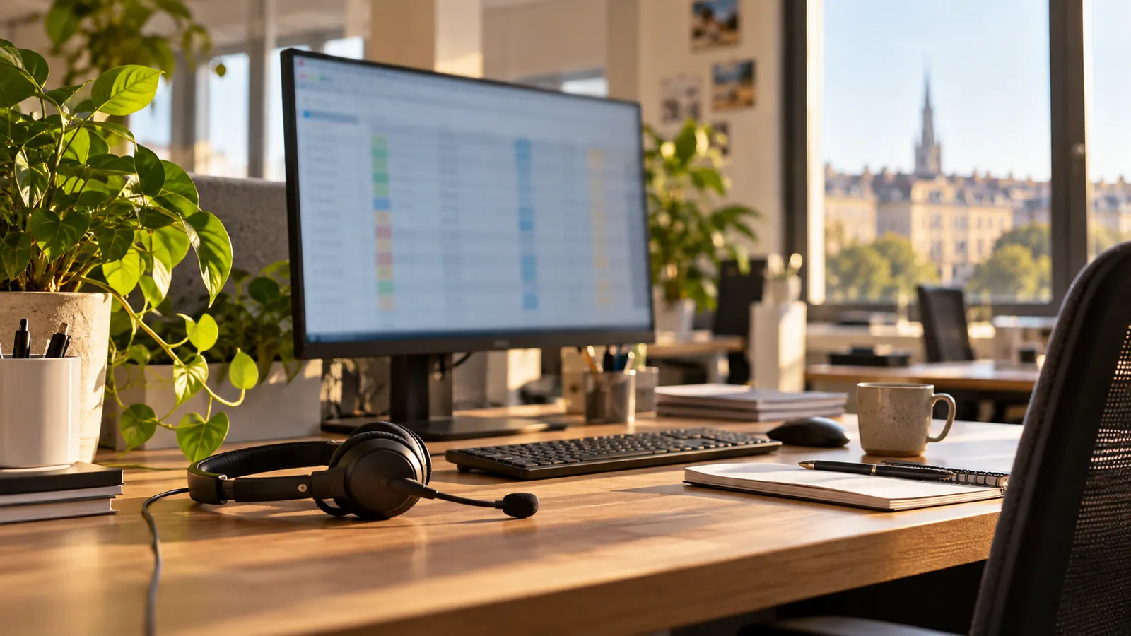 Poste de service client calme avec casque, écran et plante