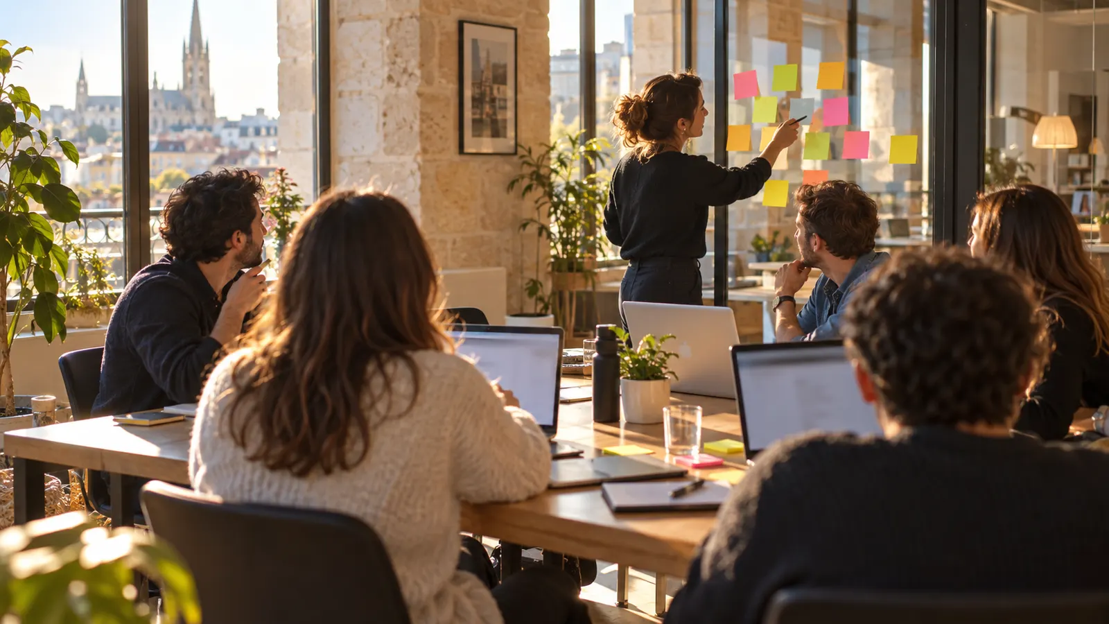 Équipe réunie autour d’une table dans un bureau lumineux